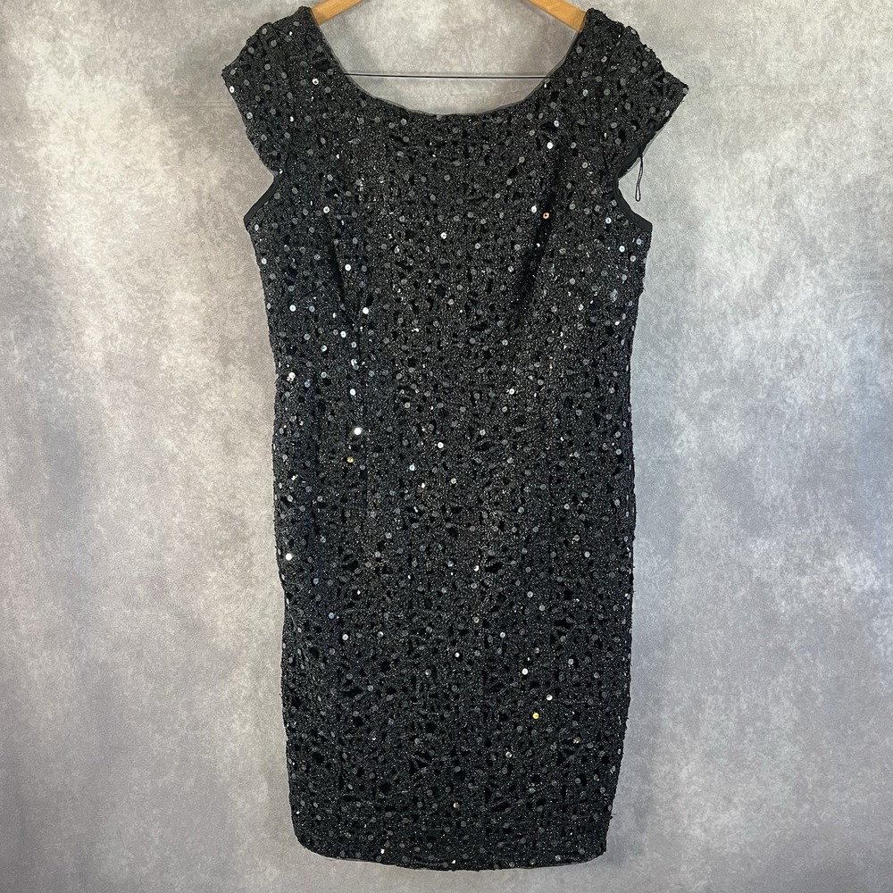 Adrianna Papell Cocktail Dress Women 16W Black Sequin Lace Cap Sleeve 191915161W